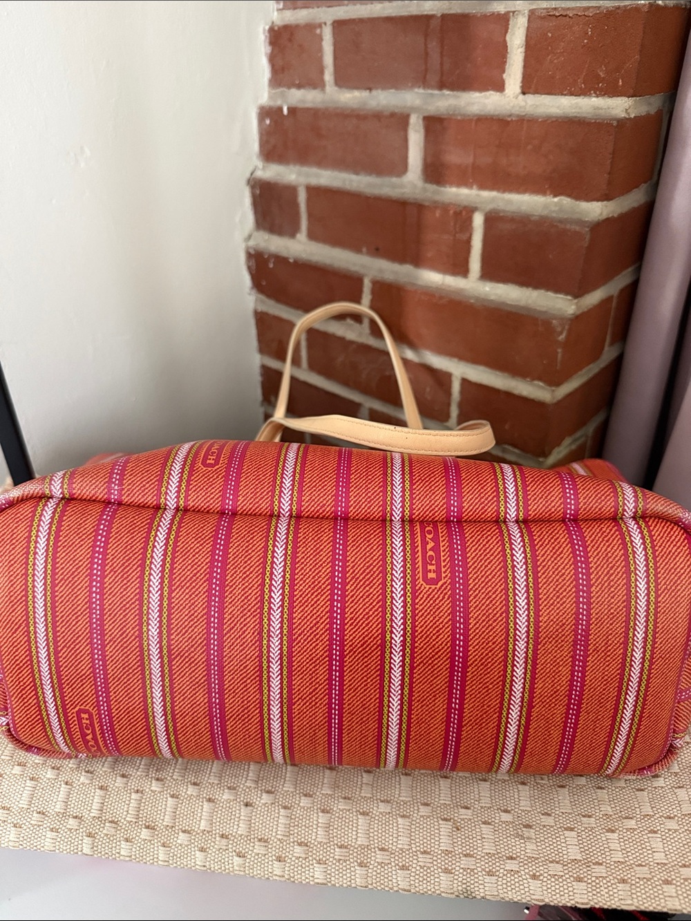 Coach Pink and Orange Striped Canvas Tote with Tan Leather Handles - Picture 7 of 8